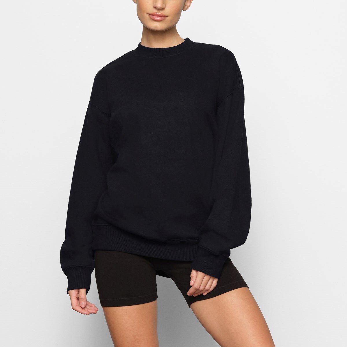 SKIMS Boyfriend Fleece Crew Neck Pullover Onyx | 412RJCIAE